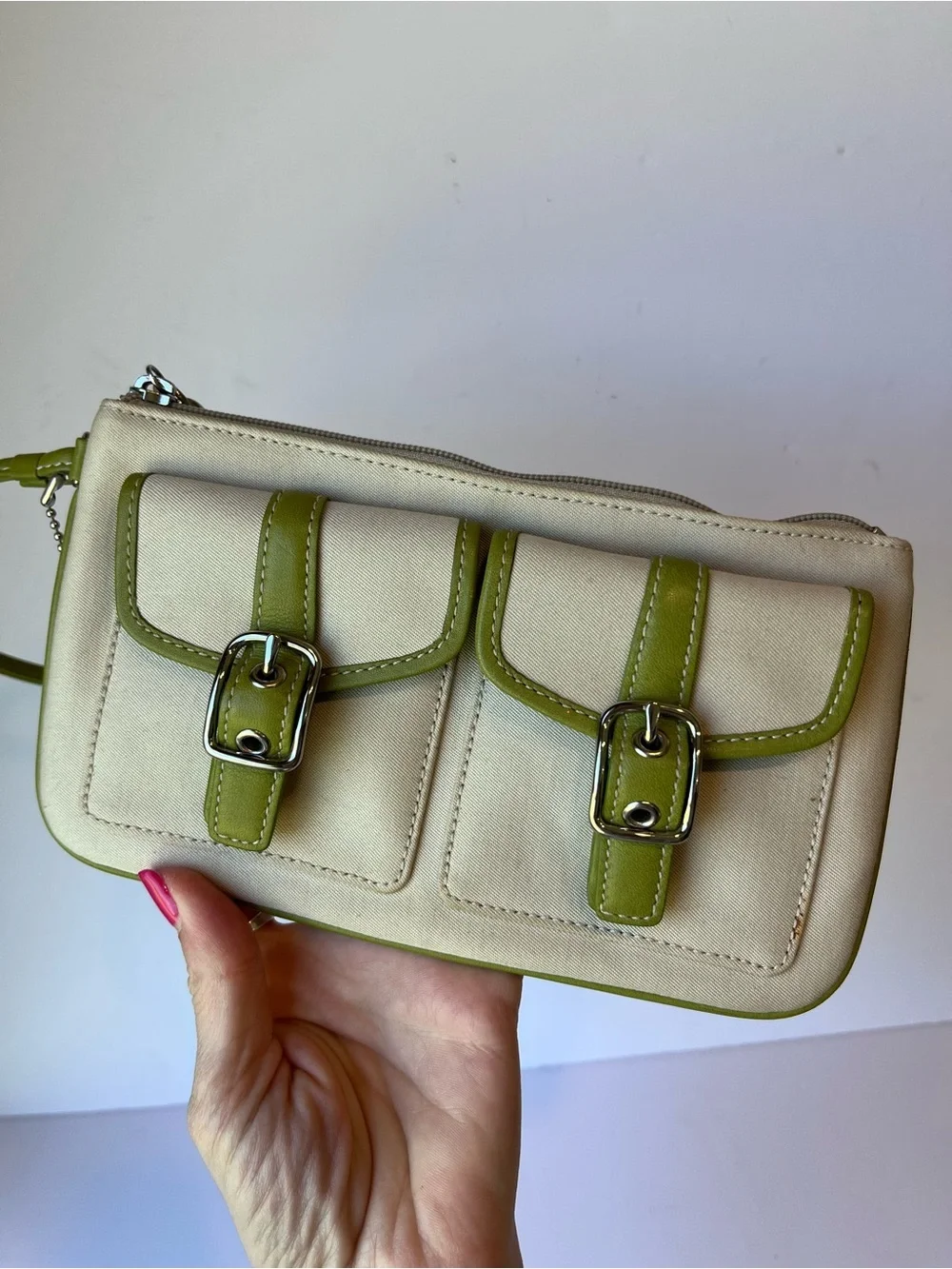Vintage Coach Wristlet Y2K Tan Green Buckle